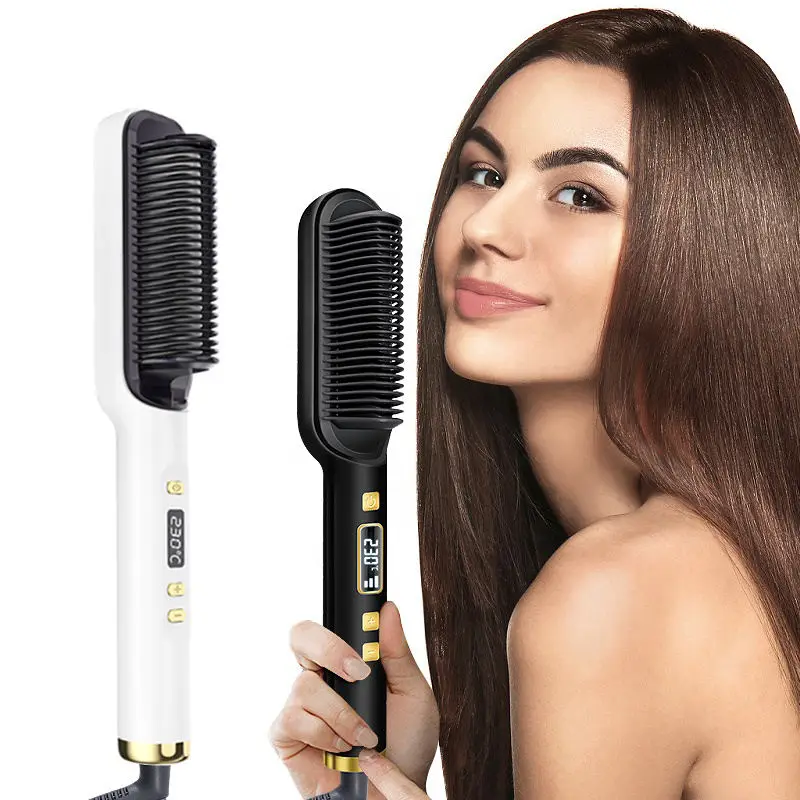 

LED Display Hair Straightener Comb Portable Hair Straightening Curling Brush Tourmaline Ceramic 30s Fast Heating & Anti-Scald