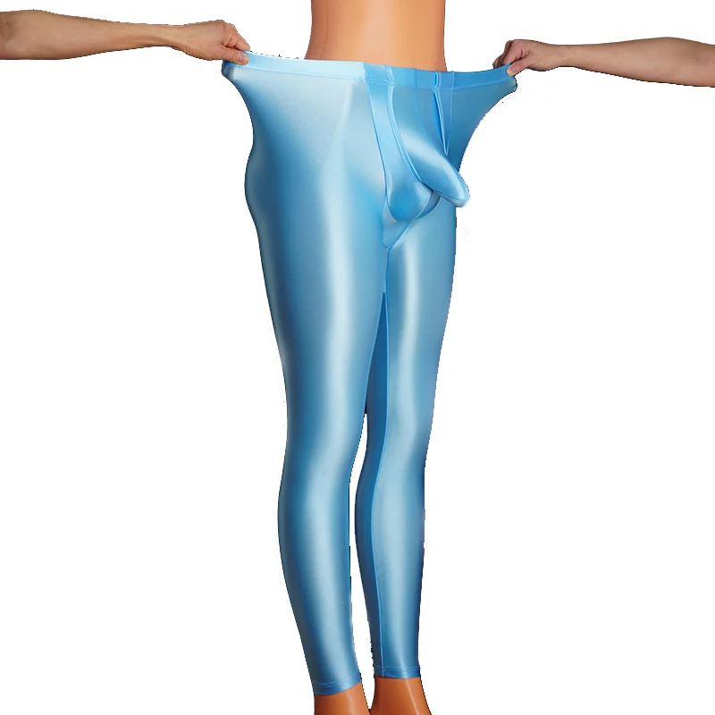 Men's Elastic Leggings Sexy Long Penis Pouch Underpants Male Underwear Elephant Bulge Shiny Glossy Pants