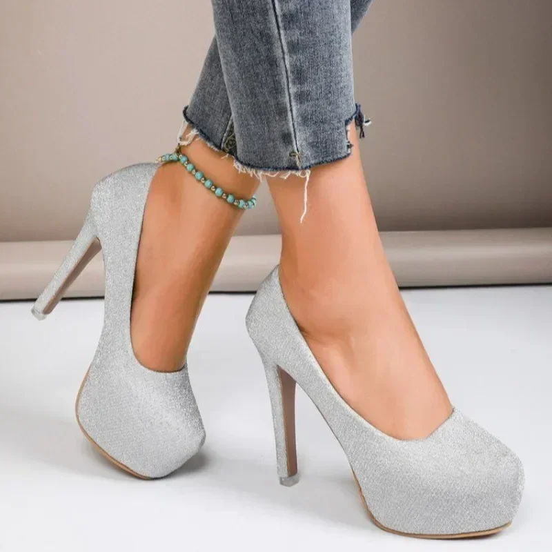 2024 Women's Shoes Fashion Platform High Heels Women's Wedding Shoes Solid Sequin Round Toe Elegant Women's High Heels Zapatos 3