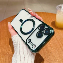 Clear Magnetic Phone Case with Plating Finish and Magsafe Compatibility - iPhone 15 Plus (DarkGreen)