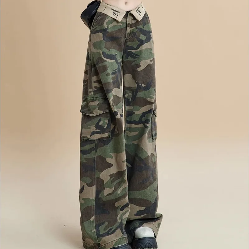 

American Retro Flanging Camouflage Denim Cargo Pants Women High Waist Wide Leg Straight Jeans Female Fashion 90s Vintage Clothes