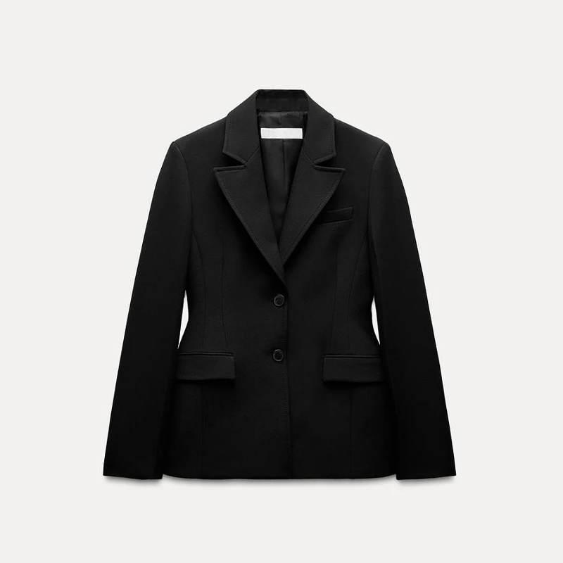 Vintage Lapel Black Long Overcoat Women Slim High Waist Full Sleeve Single Breasted Shoulder Pad Coat New Spring Commute Outwear