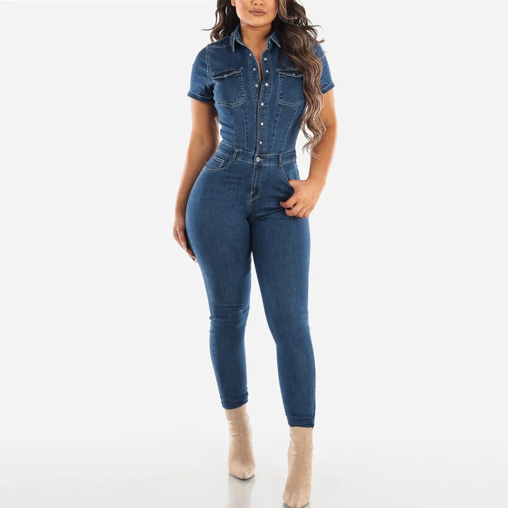 

Casual Denim Jumpsuits Women Button Sexy Skinny Jeans Pants Holed Distressed Women's Short Sleeve Jumpsuit Overalls Trousers