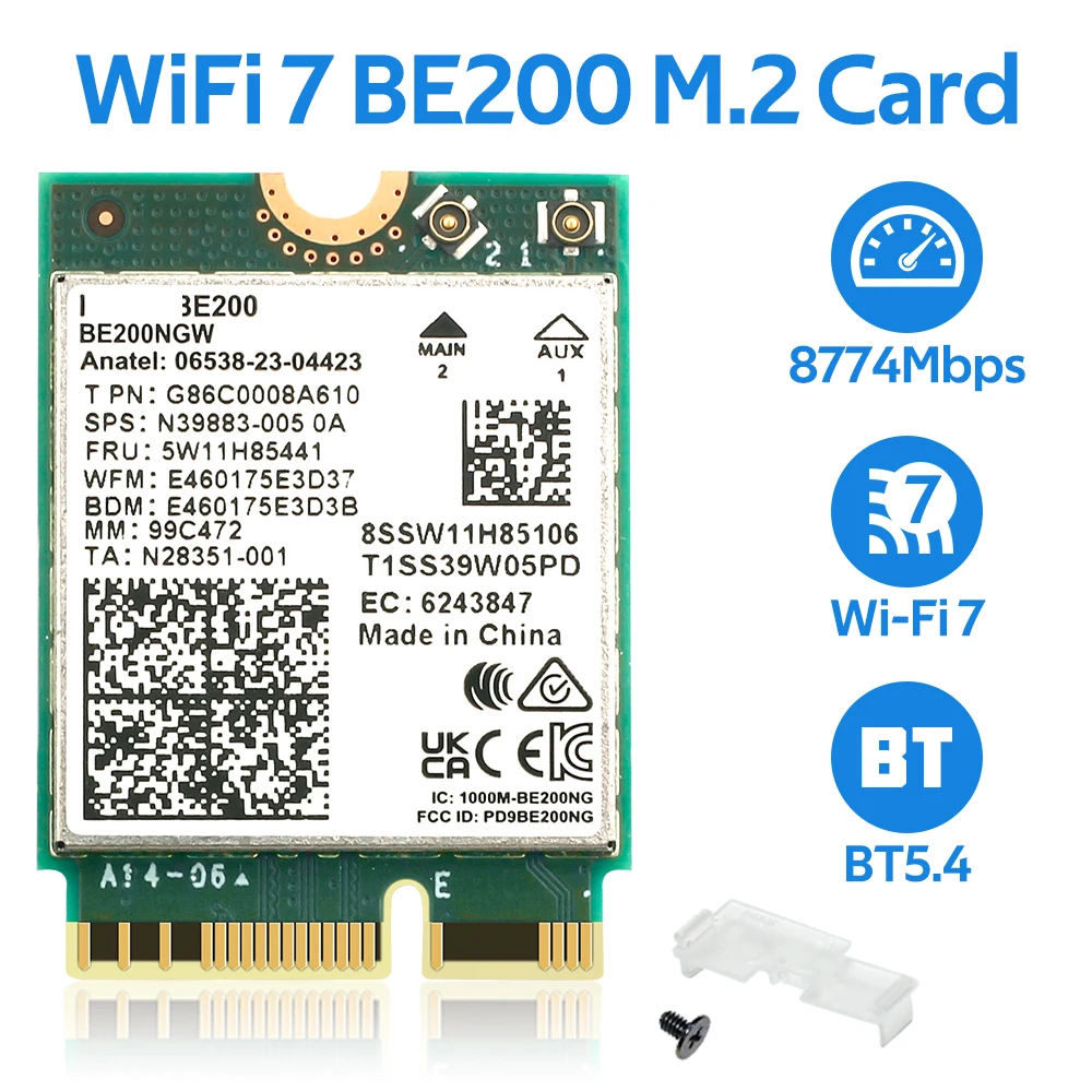 Adaptador de Rede sem Fio 8774mbps Be200 Wifi M.2 Bluetooth 5.4 Intel Be200ngw Cartão Tri Band 2.4 6ghz