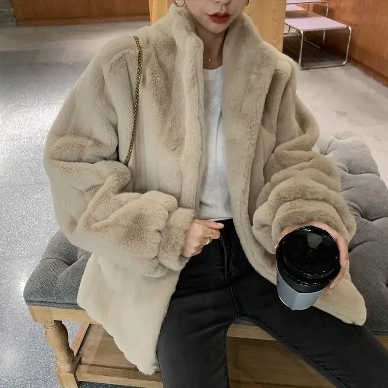 Winter Teddy Jacket Fur Coat for Women Warm Fuzzy Fleece Fur Collar Faux Fur Coat 2023 Winter Clothes Lamb Wool Jackets Khaki