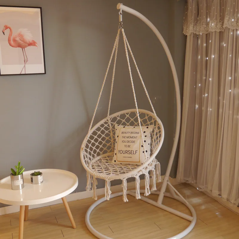 Nordic Style Round Hammock Swing Chair Safety Hanging Hammock Rope Hanging Garden Seat Beige Knitting Rope Swing Balcony Chair camping hammock disc swing