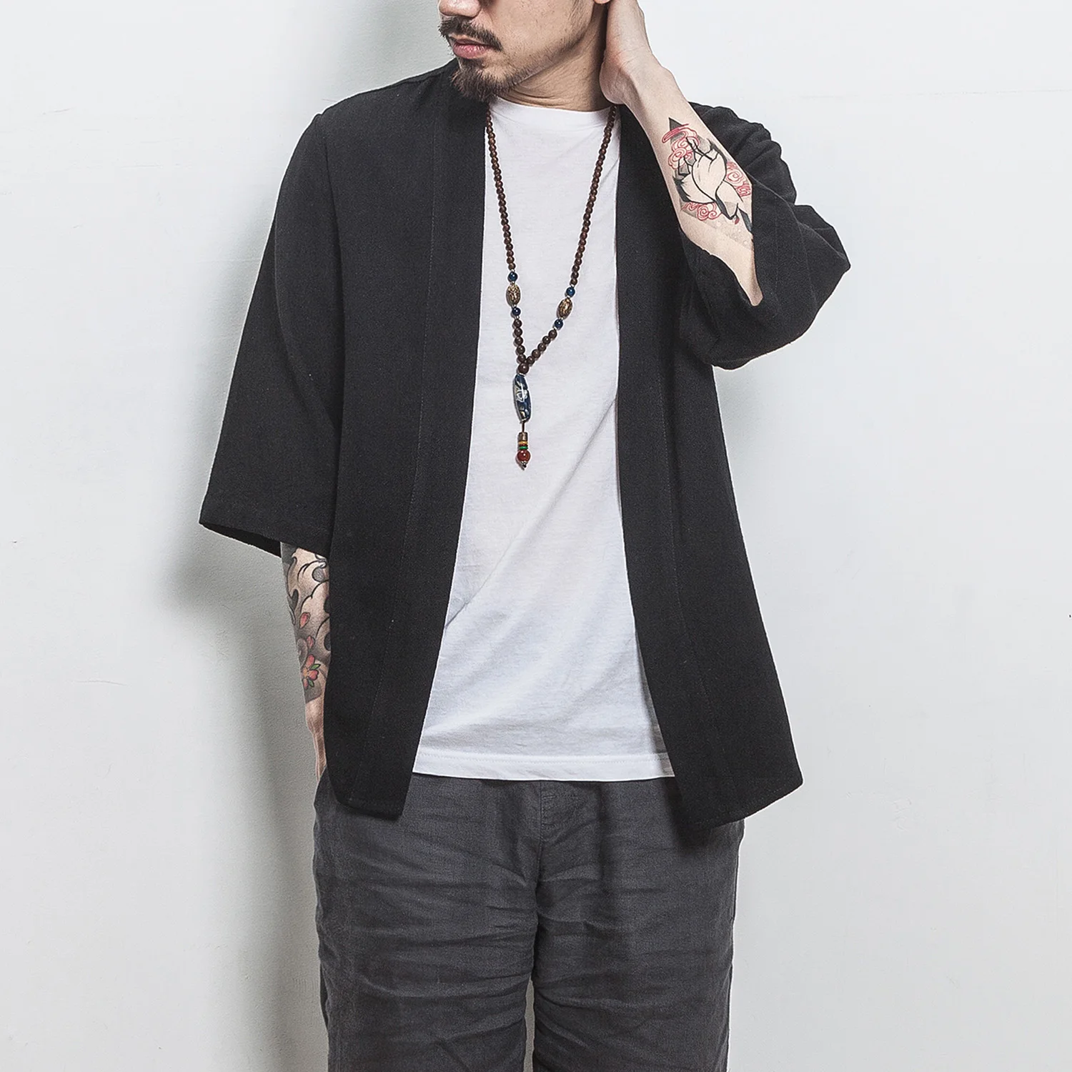Summer new men's cardigan Chinese style linen natural color patchwork men's cardigan solid color cotton linen
