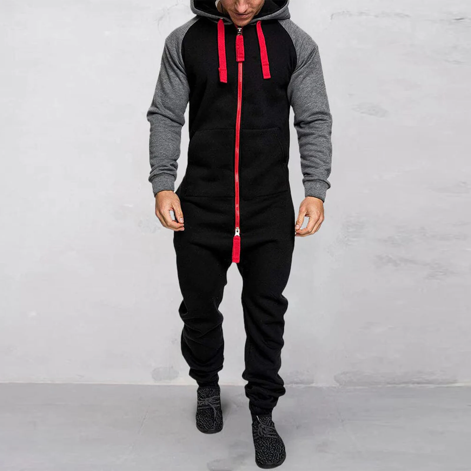 Men Jumpsuits Mens Hooded Jumpsuit Contrast Zipper Front Long Sleeve Full Length Romper with Pockets Winter Fall Clothes