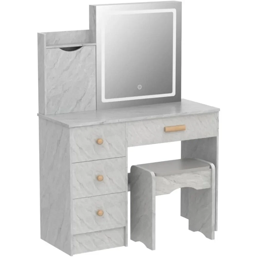 Dressing Table with Mirror and Lamp, Makeup Lamp Table Set, White 3-color Adjustable Lighting Brightness, Marble Pattern