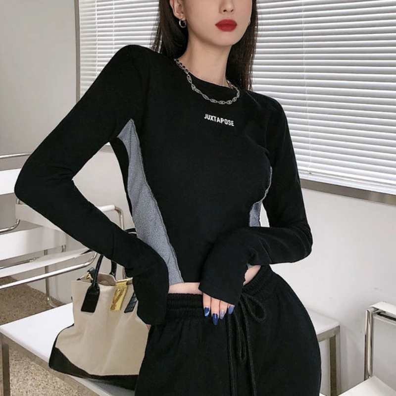 

Deeptown Y2k Coquette Aesthetic Techwear Long Sleeve T-shirts Women Korean Style Corset Patchwork Tees Sexy Slim Black Crop Tops