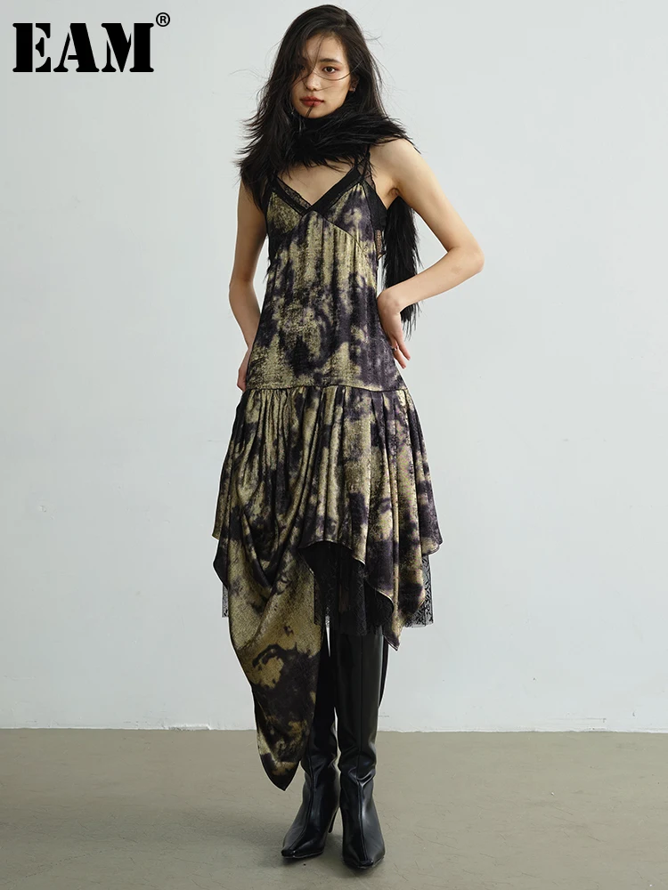 

[EAM] Women Black Irregular Ruffles Elegant Dress New V-Neck Sleeveless Loose Fit Fashion Tide Spring Autumn 2024 1DH3200