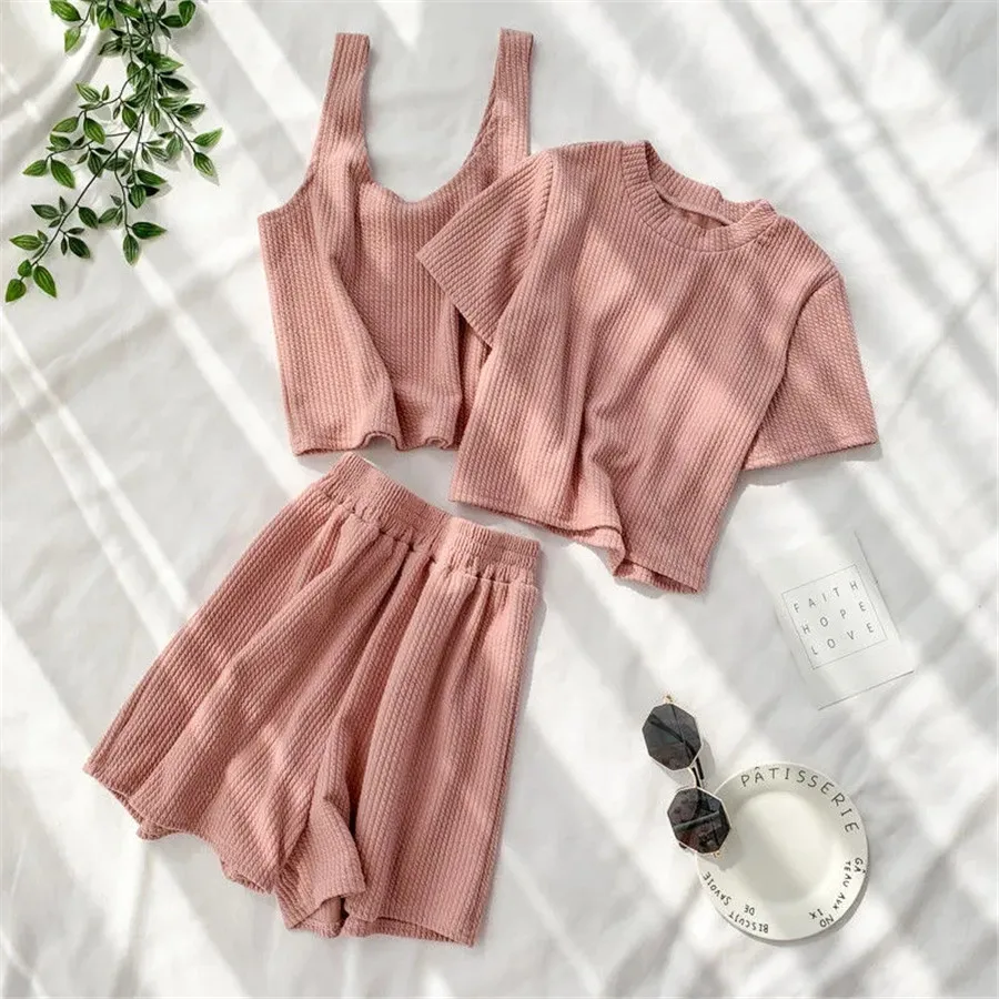 Summer Slim Women's Streetwear Suit Pink Cute Sweet O-neck Pullover Short Sleeve T-shirt+Sexy Vest+Casual Short Pants Tracksuit pj sets