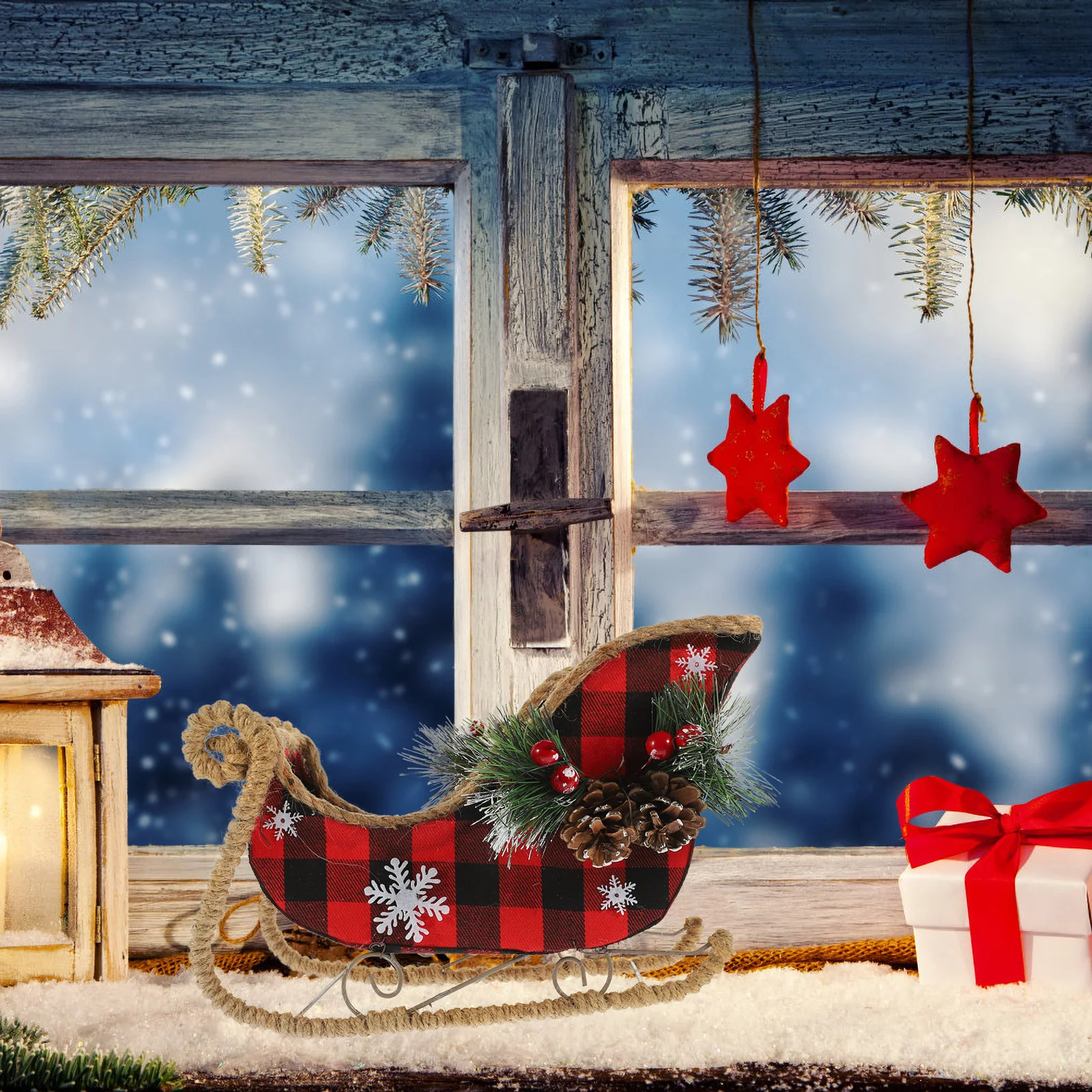 

Christmas Sleigh Decoration Santa Claus Sleigh Red Buffalo Plaid Table Centerpiece Holiday Decor Xmas Sled Ornament