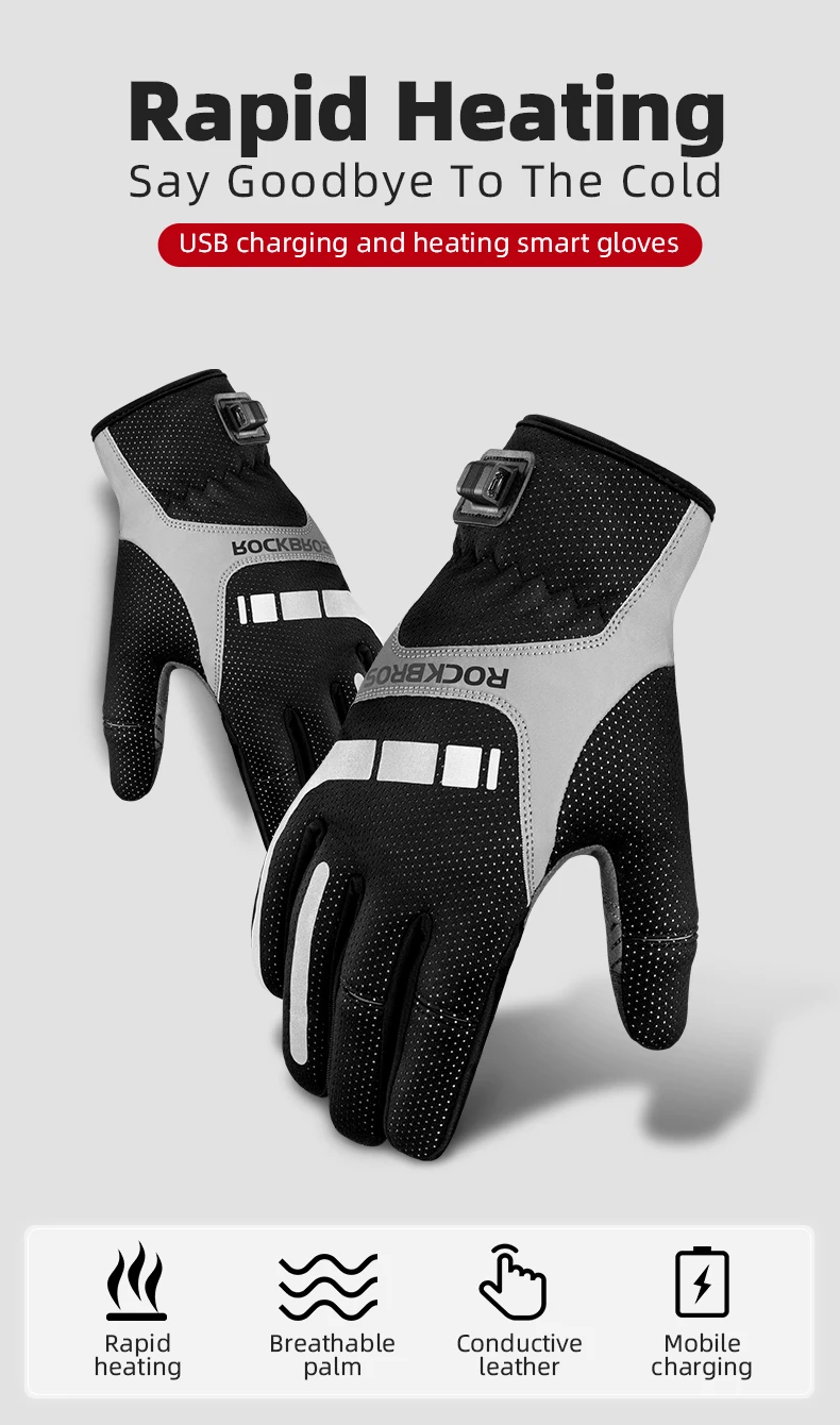 ROCKBROS Winter Warme Fahrrad Damen Herren Handschuhe SBR Touchscreen USB Beheizte Handschuhe Winddicht Plam Atmungsaktive Motor E-bike Handschuhe – Detail 1