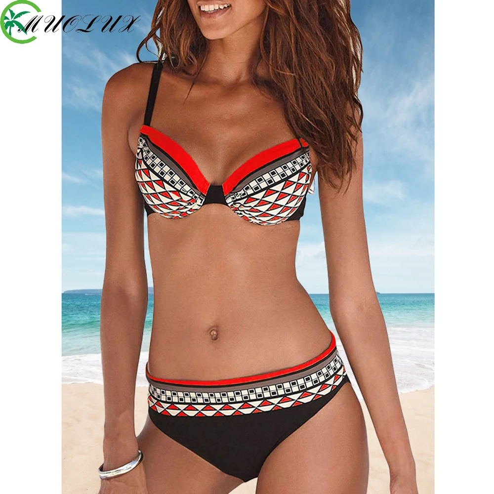 

Women Swimwear 2024 Sexy Push Up Bikini Set Print Swimsuit Woman Mid Waist Bandeau Bikini Female Bathing Suit Beach Wear Biquini