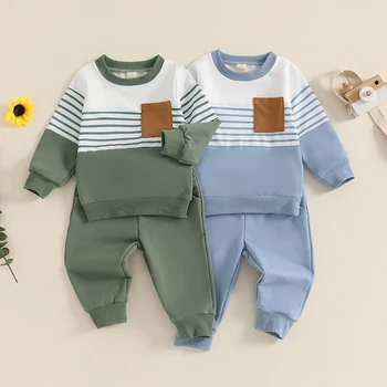 Kids Baby Boys 2-piece Outfits Autumn Activewear Long Sleeve Stripes Sweatshirt and Elastic Waist Sweatpants Sets 3