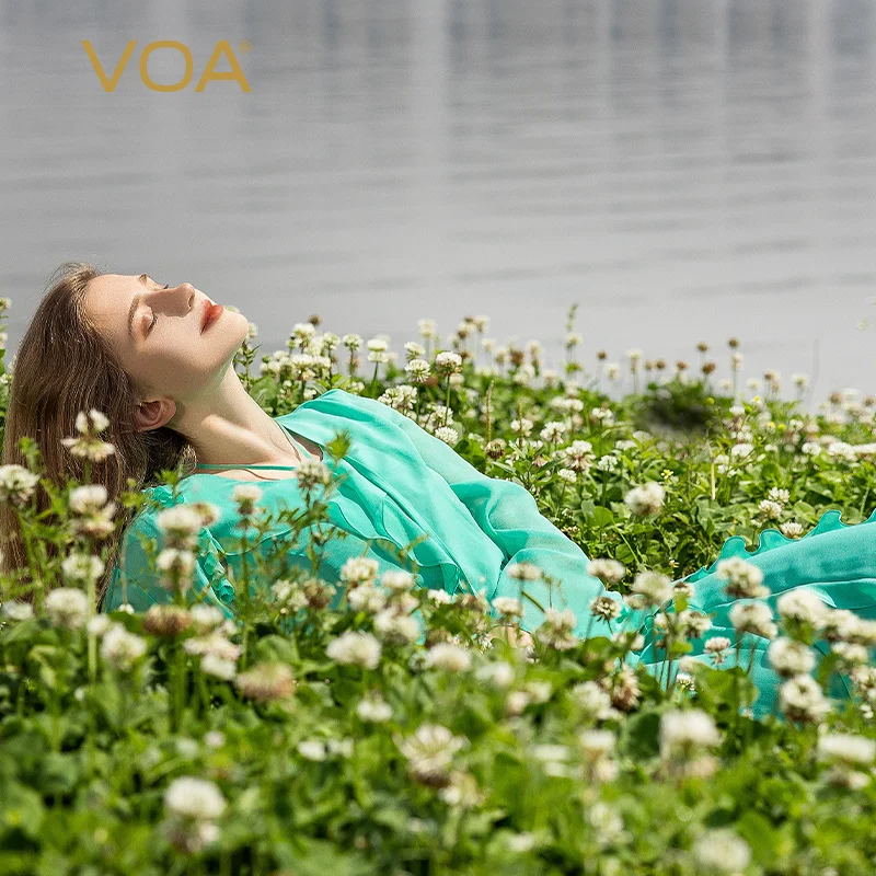 VOA Georgette 뽕나무 실크 에메랄드 그린 v 넥 페어 티드 실크 레이스 레이스 업 긴팔 썬 프로텍션 실크 카디건 자켓 WE191