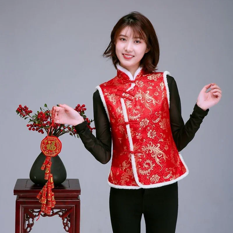 

Новогодний костюм Тан, китайский стиль, красный топ, Китайская традиционная одежда, 16 цветов, женский зимний хлопковый плотный жилет ханьфу для взрослых