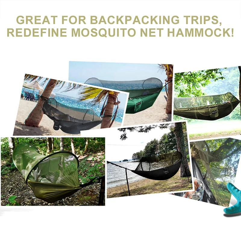 WESTTUNE Outdoor Camping Hammock with Mosquito Net Automatic Quick Opening Hanging Hammocks Fabric Hanging Sleeping Swing Bed 6