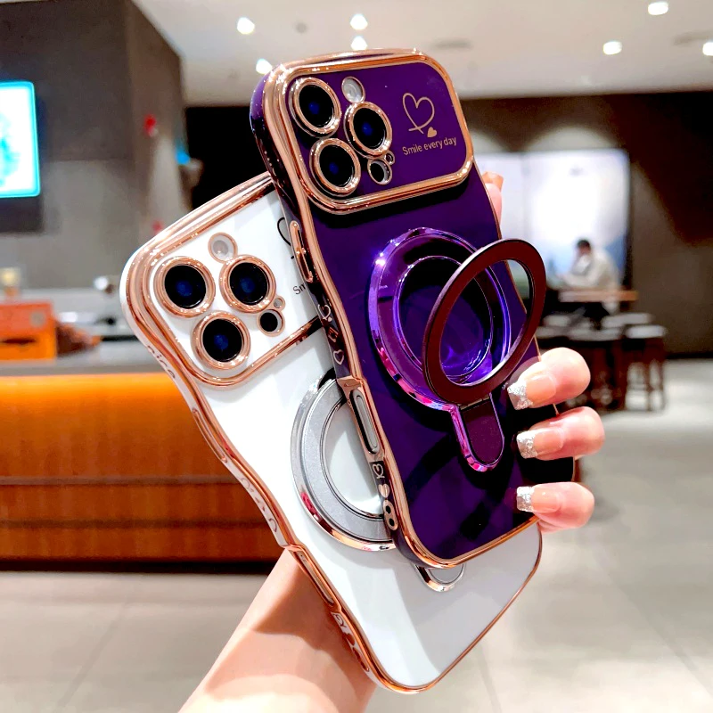 Plating Wave Shell Case For iPhone 16-11 Pro Max Plus Stand Holder Covers