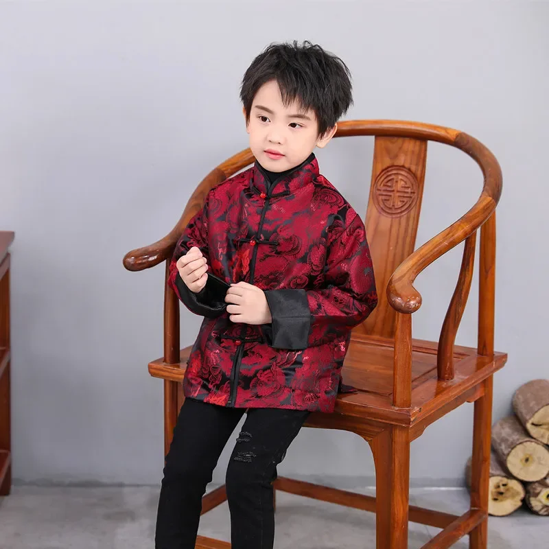 Boys Kids Chinese Tang Suit Jacket Traditional Costume Dragon Print Coat New Year Christmas Winter Outfit