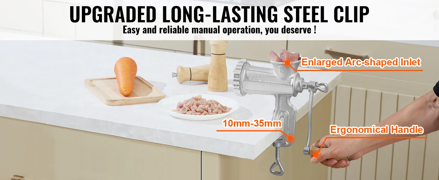 VEVOR manual meat grinder with steel clip, ergonomic handle, and enlarged arc-shaped inlet.