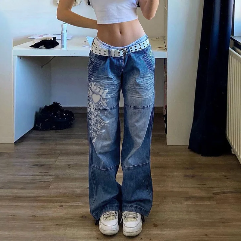 

Fashion printed street straight leg pants 2023 New European and American trend retro blue loose leg women's jeans