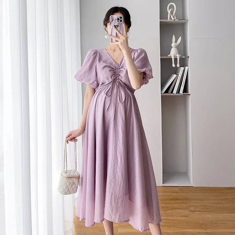 

Maternity Solid Folds Dresses Summer Clothes For Pregnant Women 2022 New French Loose Puff Sleeve Gentle Pregnancy Vestidos