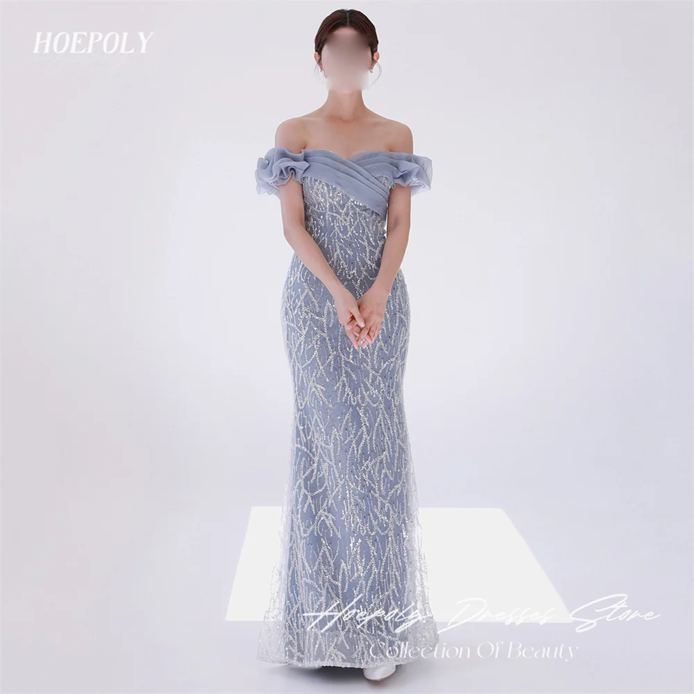 

Hoepoly Luxury Strapless Formal Off The Shoulder Luxury Sequined Mermaid Evening Dress Sweep Train Classy Prom Gown 프롬드레스