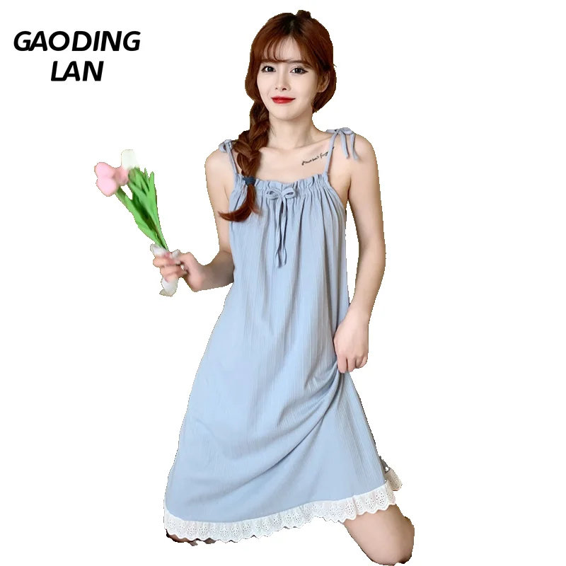 

Gaodinglan Detachable with Chest Pad Women Sleeveless Nightdress Solid Color Sweet Cotton Sleepwear Female Strapless Nightgown