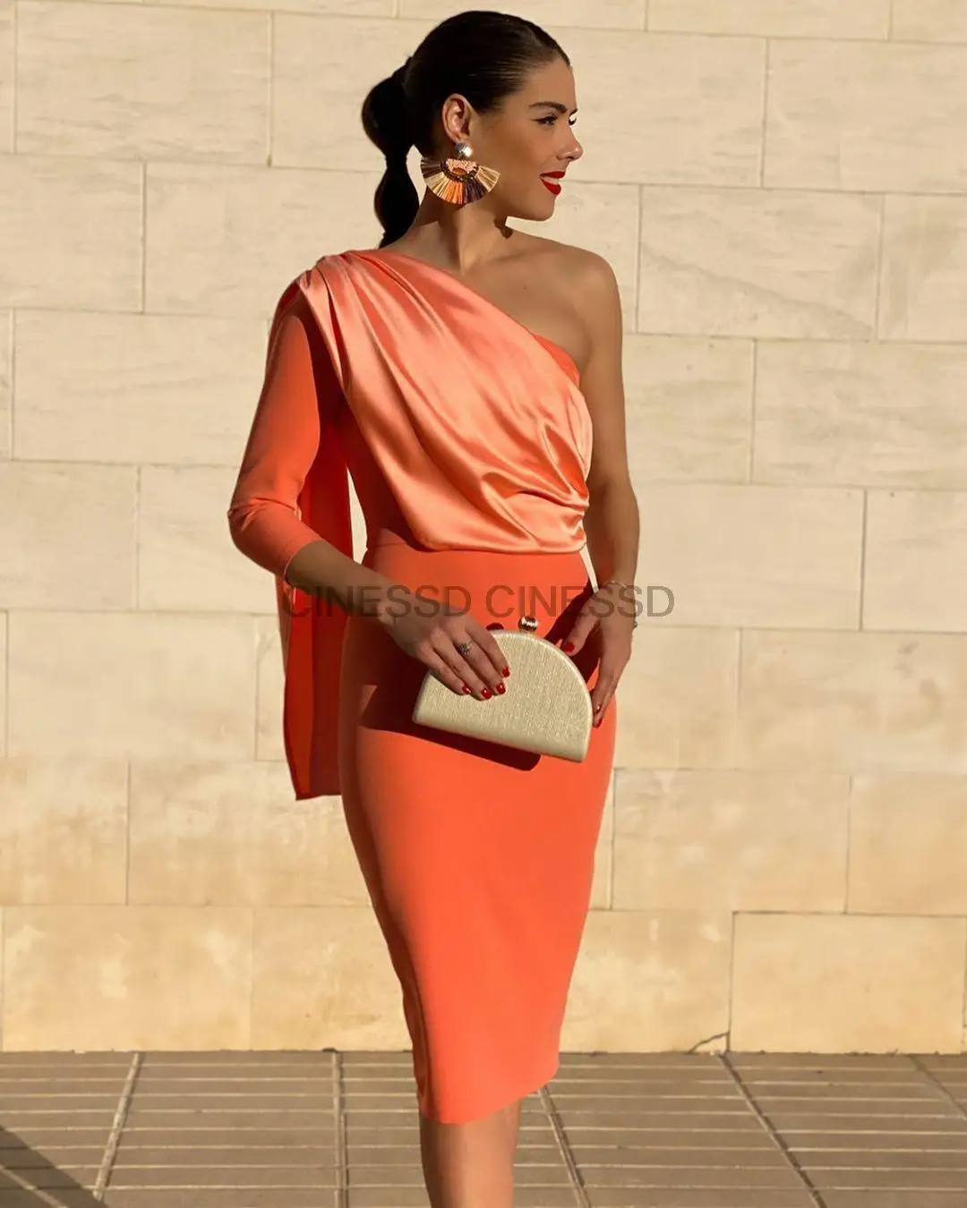 

New Long Sleeve Short Cocktail Party Dress With Cape One Shoulder Women Sexy Orange Prom Gown robes de soirée فساتين السهرة