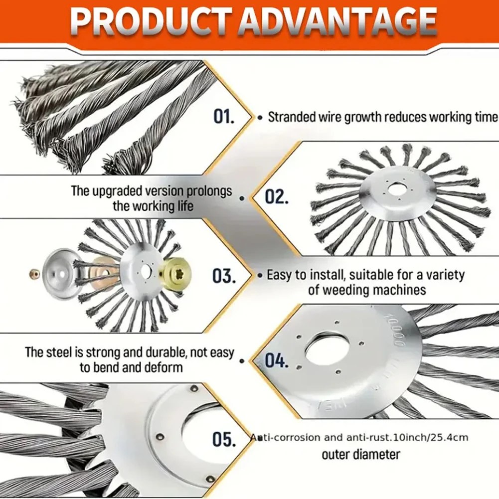 10inch Steel Wire Wheel Universal Garden Weeding Brush Removal Rust Weed Brush Cutter Head Lawn Mower Brush Cutter Accessories