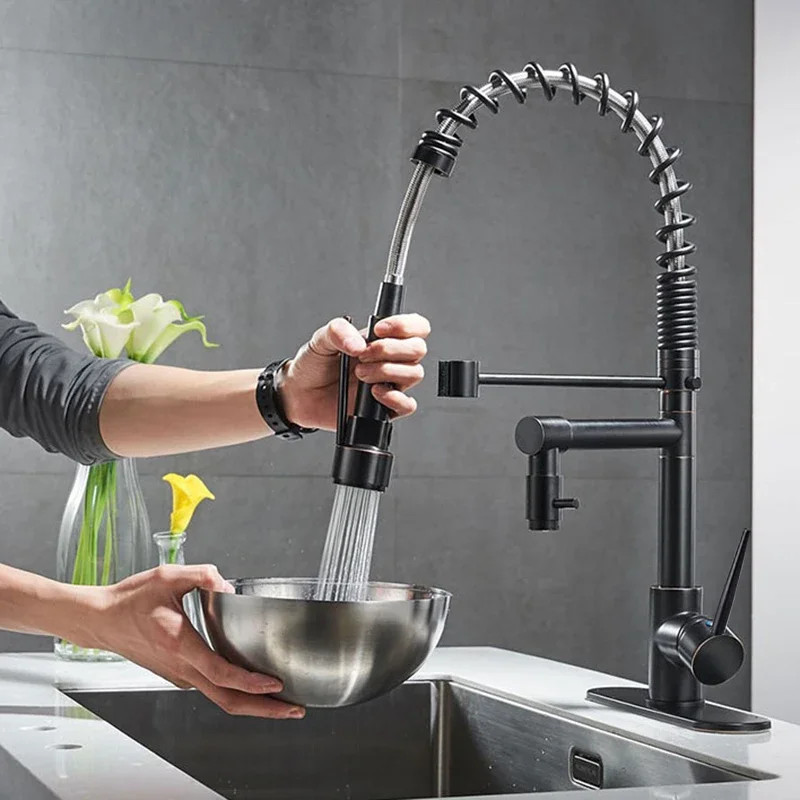 ULGKSD Bronze Kitchen Faucet 360 Rotate Single Handle Pull Down Spray Head Ducha Hot and Cold Water Mixer Tap For Kitchen Sink