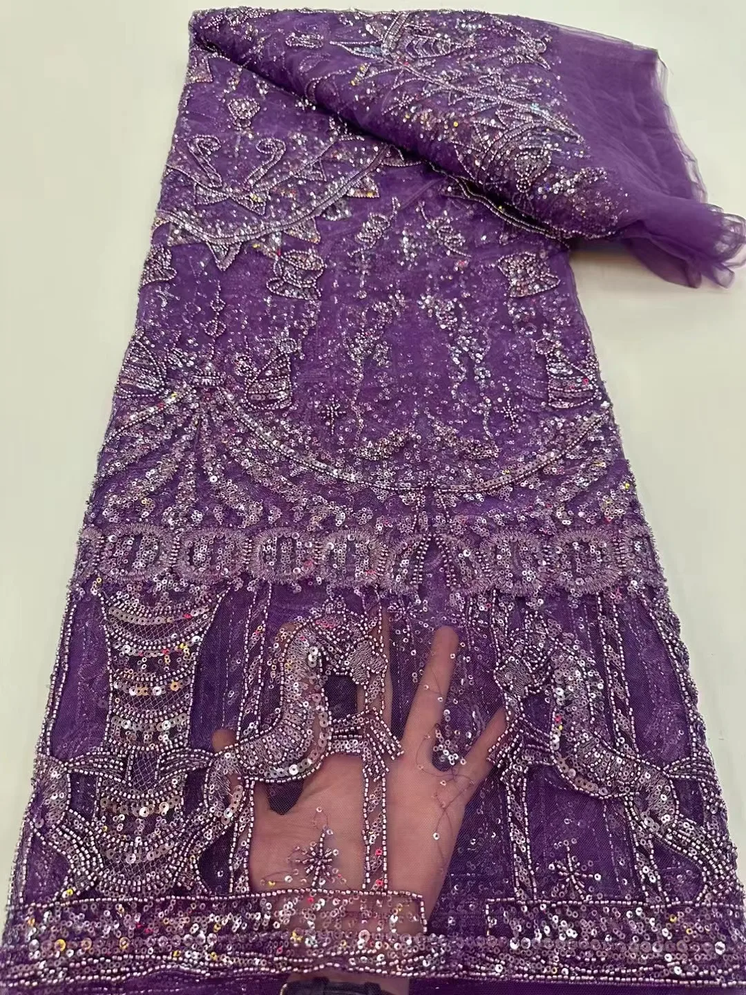

Фиолетовая элегантная кружевная ткань из бисера, Высококачественная африканская французская сетчатая кружевная ткань, Роскошные Блестки, нигерийские бусины, кружевные ткани
