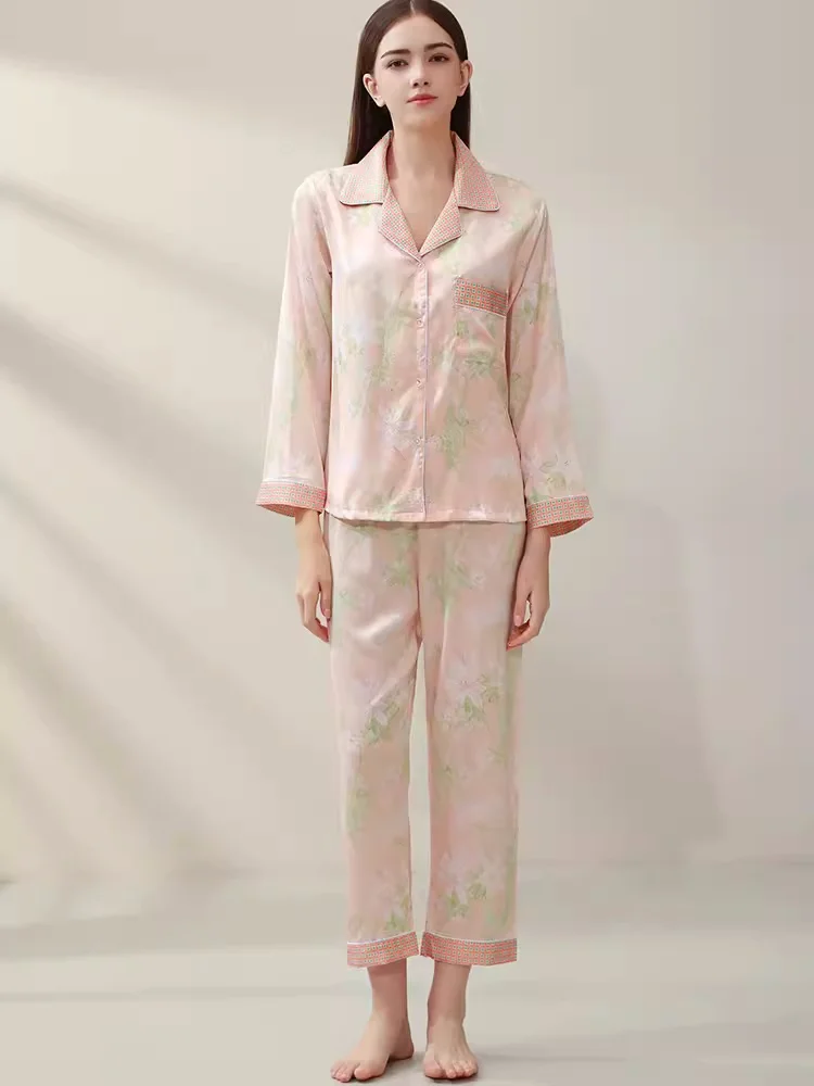 

Long Flower Print Mulberry Silk Pyjamas Satin Night Wear Home Suit Pink Pajama Set For Women Luxury Nature Silk Sleepwear