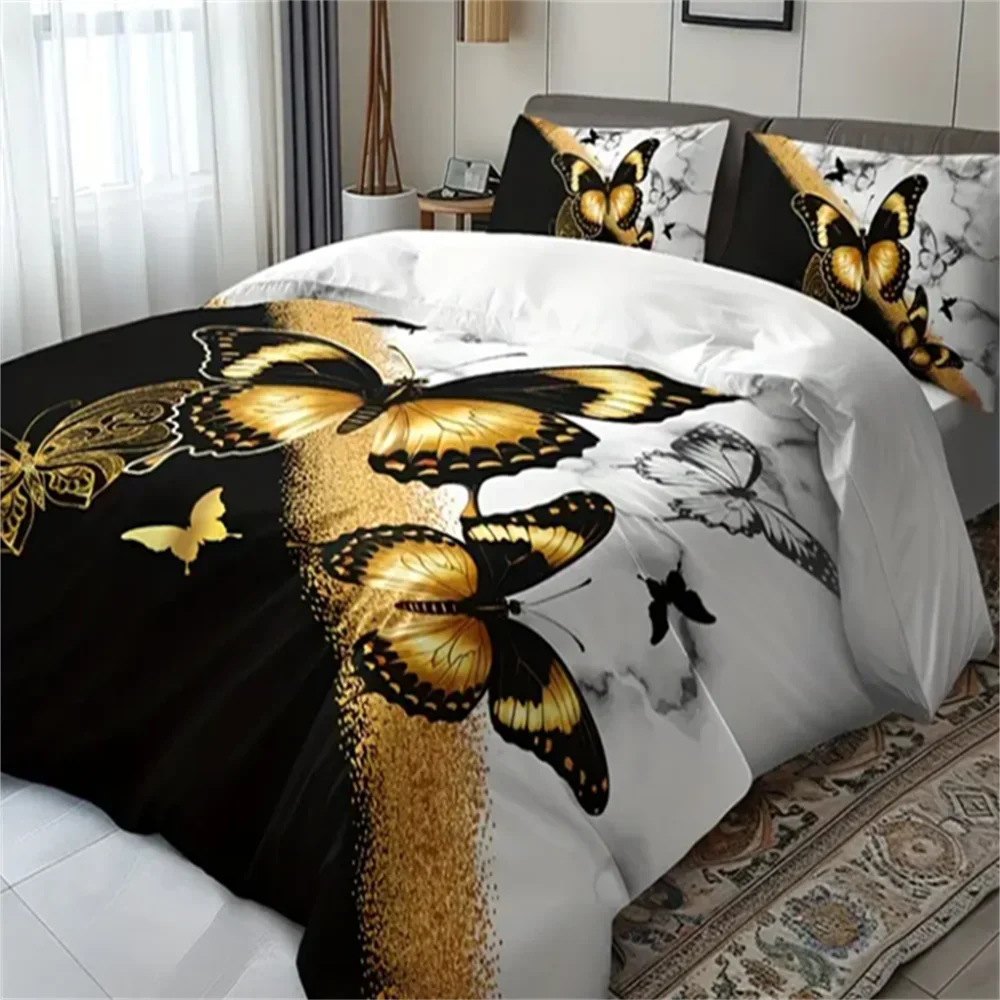 3pcs Golden Butterfly Duvet Cover Set, Black and White, Breathable Polyester, All-Season, Digital Print, Duvet Cover For Bed