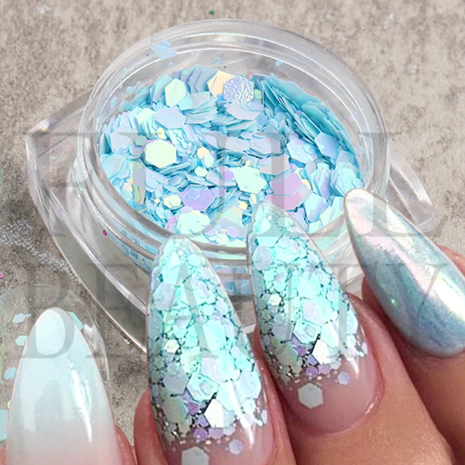 Bright Blue Sequins For Nail Mermaid Mixed Nail Glitter Flakes Hexagon art Paillette Shiny Mirror Spangles Slices LAGB 1Jar nail glitter nail decoration nail decorations nail flakes