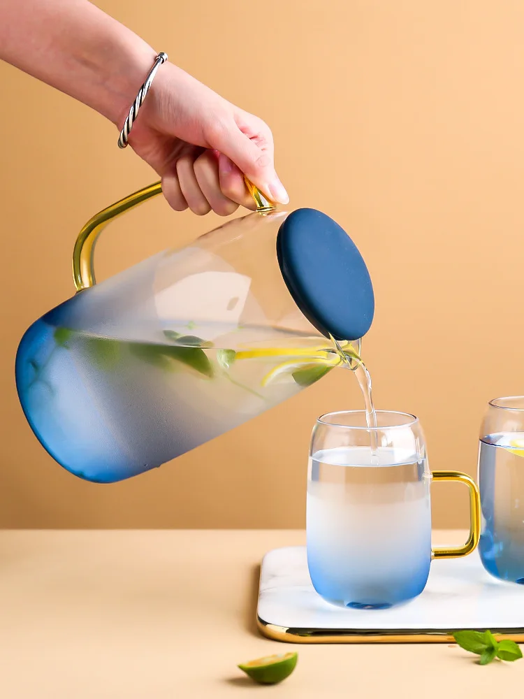 Thickened Glass Cold Kettle, Household Juice Kettle with Cover Filter, High Borosilicate Teapot Cup Set, Creative Gift