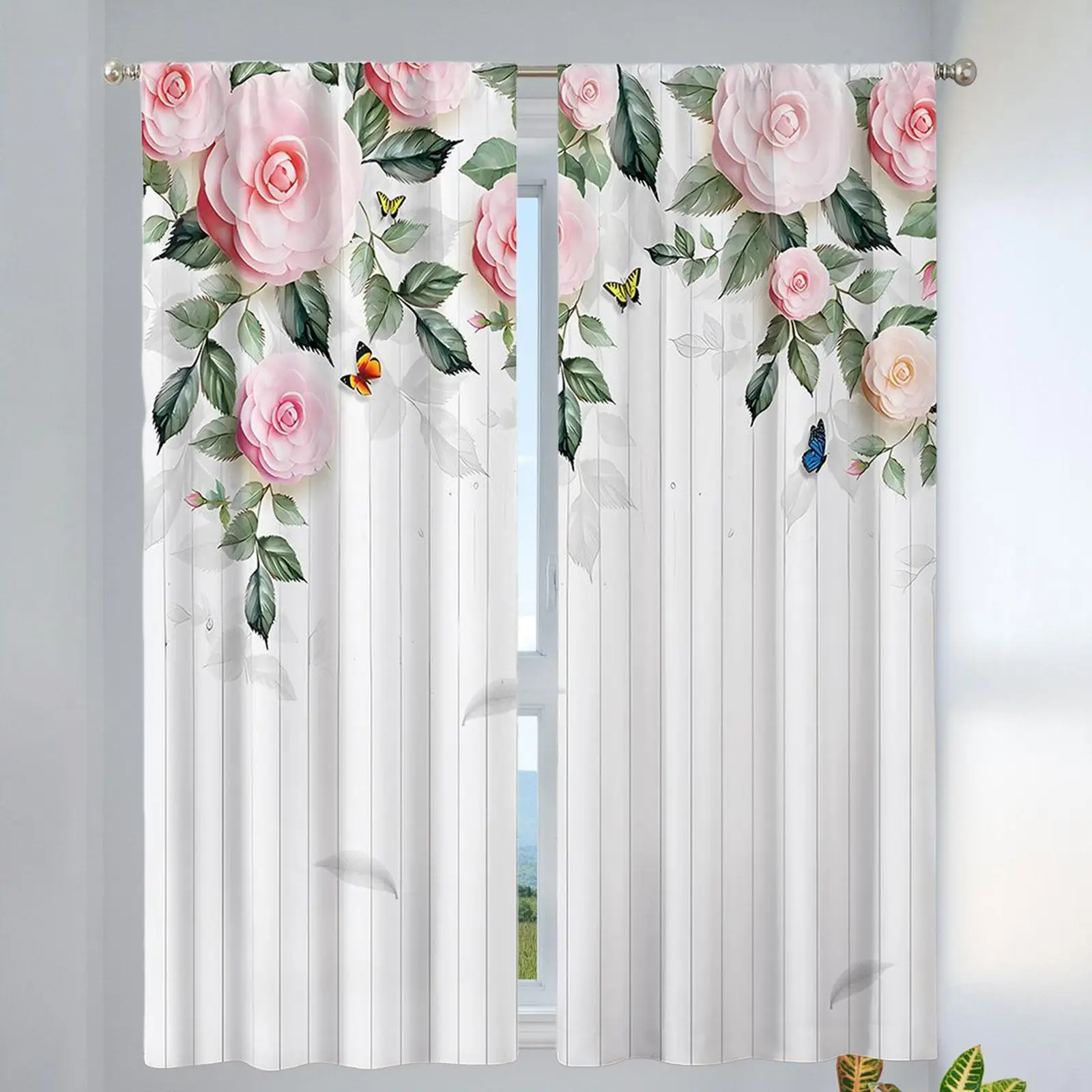 Rose Floral Digital Printing Sheer Curtain with Grommets Machine Washable