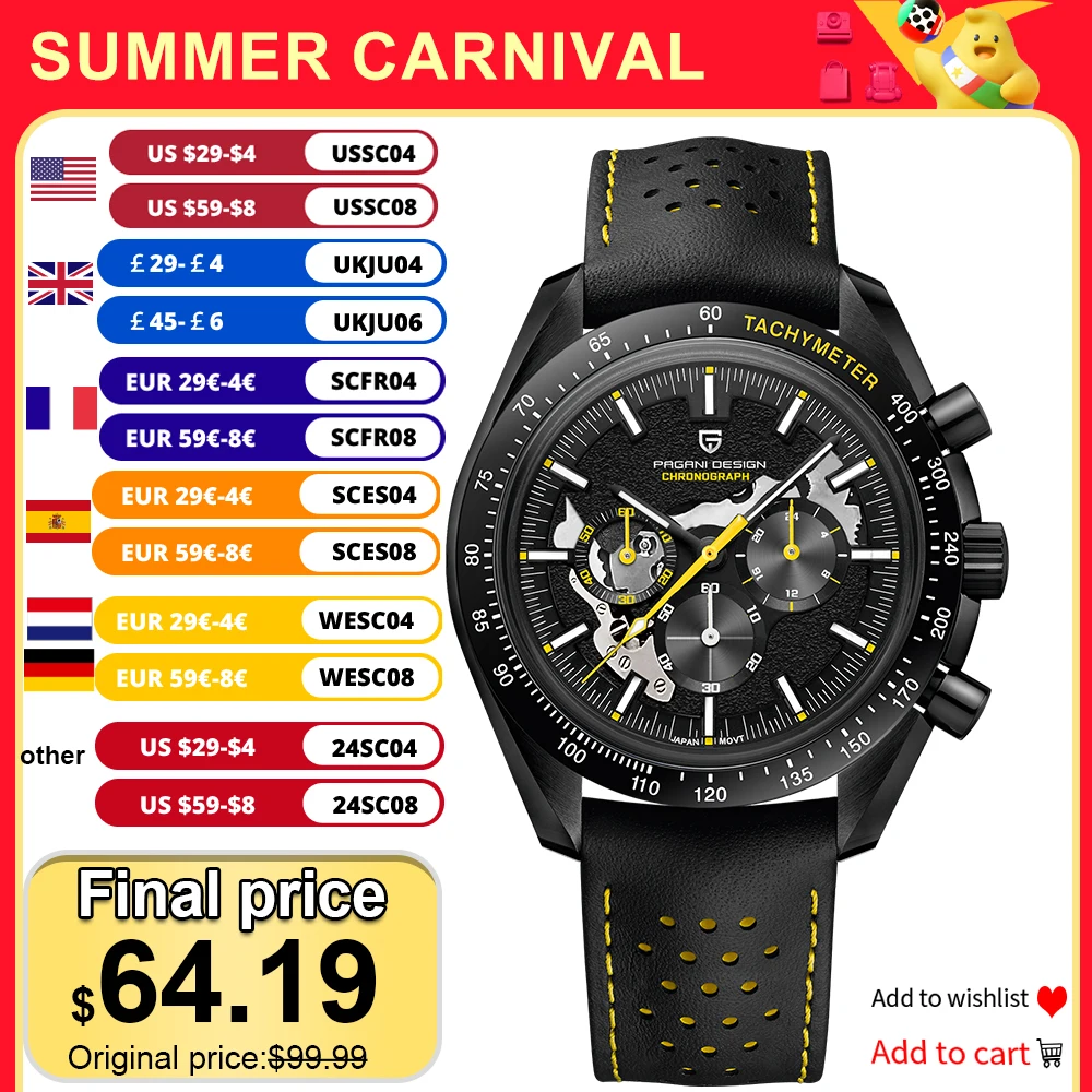 PAGANI DESIGN New 2024 Quartz Men's Watches Moon Top brand Luxury Watch Men Skeleton Sport Chronograph AR Sapphire Wrist Watch