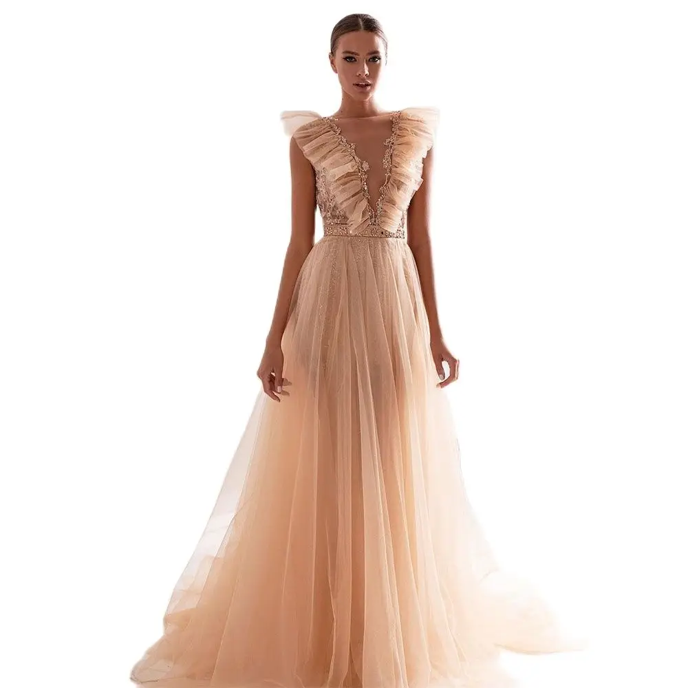 Elegant Ball Gown Crystal Beaded Fine Sequin V-Neck A-Line Ruffle Long Evenin Formal Party Belt Floor-to-Fresh Pleated Neckline