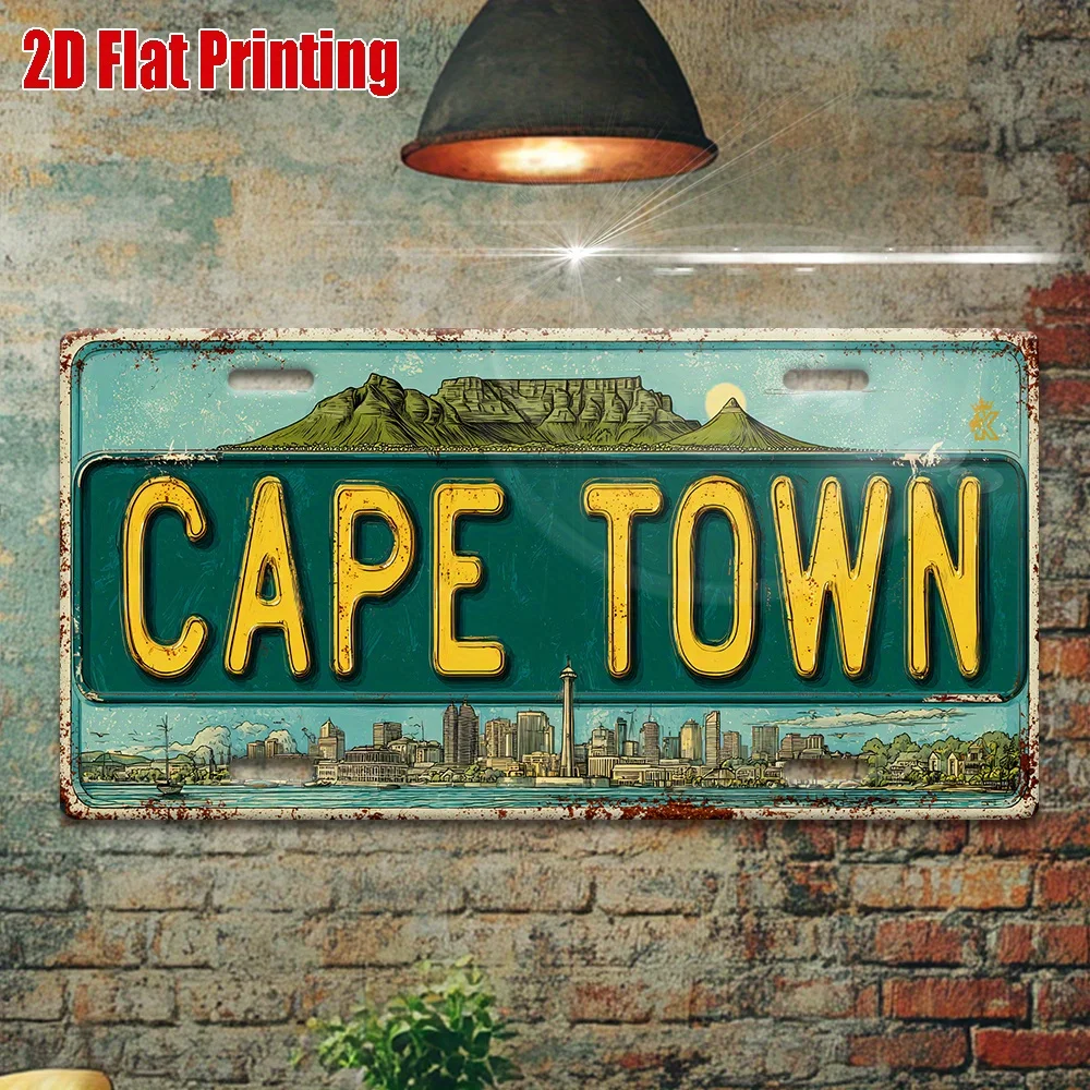케이프 타운 번호판 - 테이블 마운틴 디자인, 녹색 배경 및 노란색 글자 - 견고..