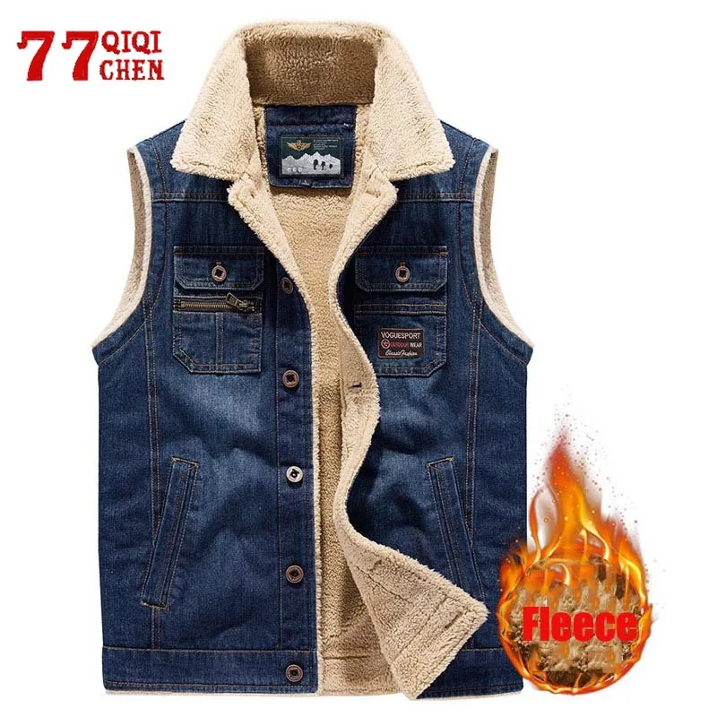 Winter Denim Vest Men Cotton Fleece Turndown Collar Casual Warm Vest Fashion Loose Multi Pocket Jacket Male Autumn Outdoor Coat