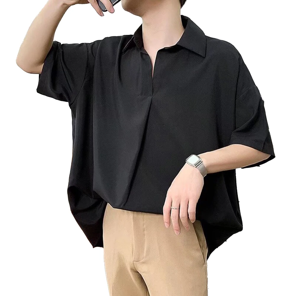 

Commuting Office Men Male Short Sleeve Breathable Business Casual Daily Elegant Lapel Quick-drying Solid Color