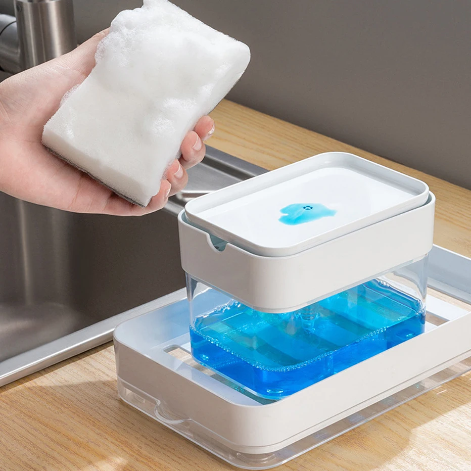 Kitchen Detergent Dispenser Portable With Tray Dish Soap Box Sponge