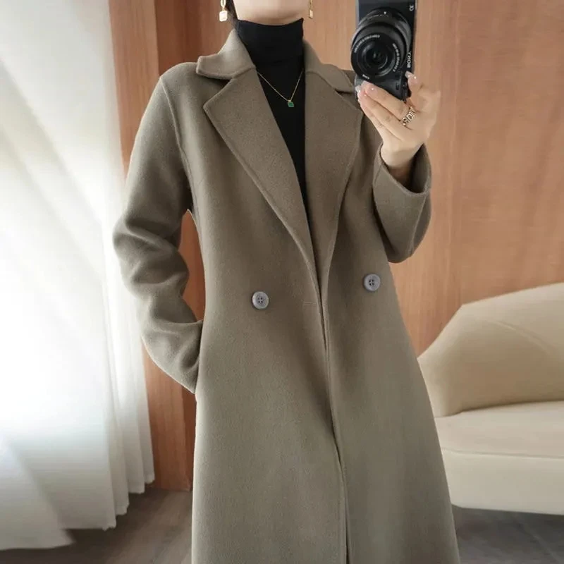 

Pure Wool Double-Sided Cashmere Jacket Women Overcoat Mid-Length Loose High-End Double-Breasted Casual Woolen Windbreakers Coat