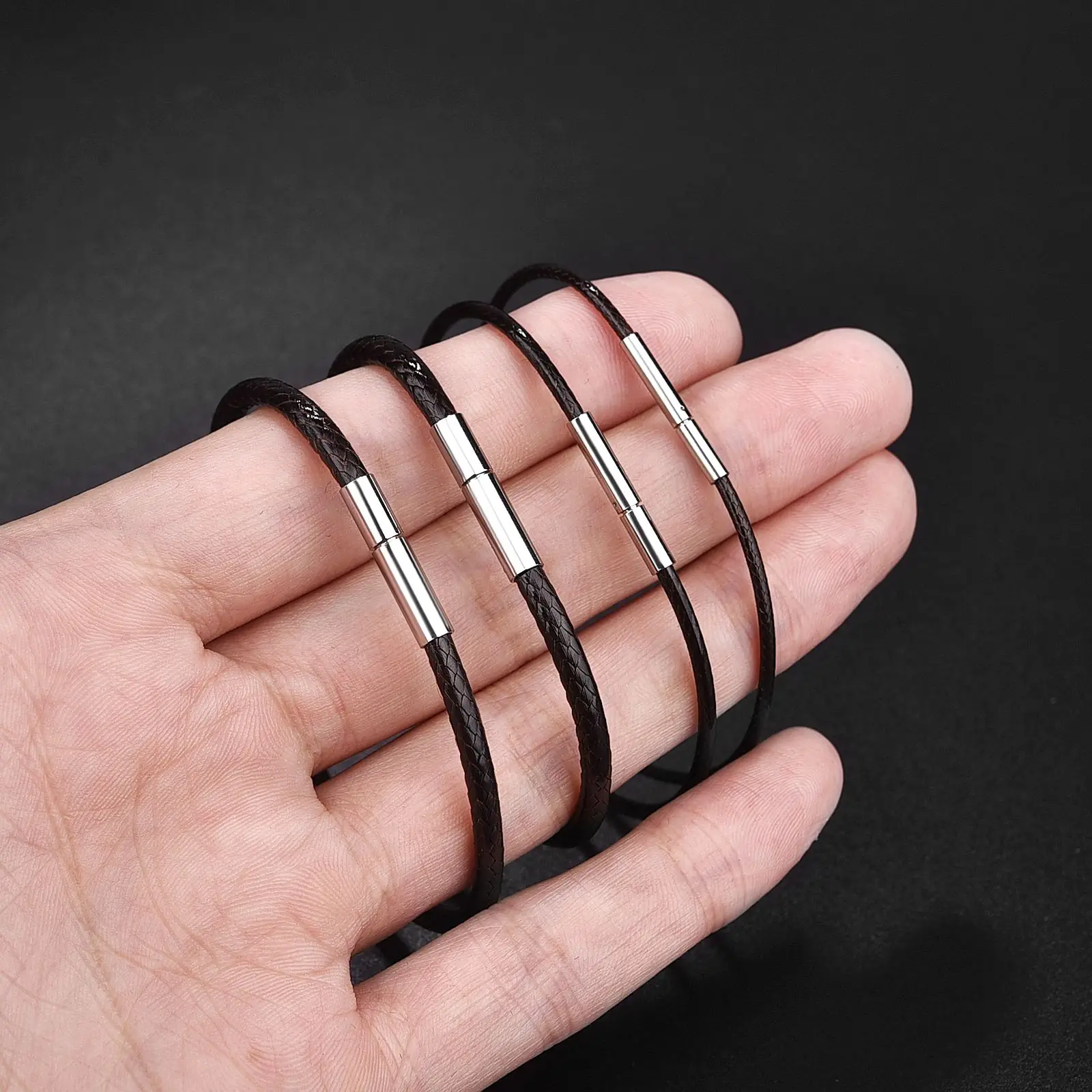 Elegant Black Brown Leather Bracelet Cord with Stainless Steel Clasp