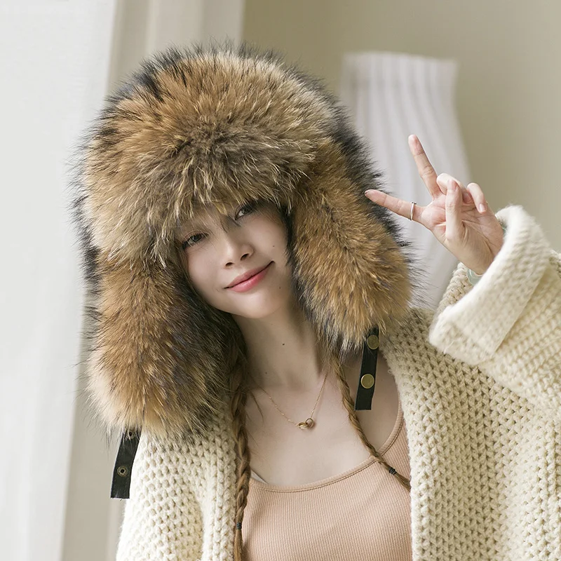 

Besfilin Real Fox Fur Lei Feng Hat Raccoon Ear Protection Bomber Hats Thickening Keep Warm in Winter for Women and Men Unisex
