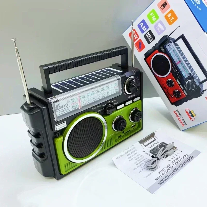 듀얼 태양광 충전 AM/FM/SW1-2 4밴드 라디오 다기능 라디오 휴대용 MP3 음악 플레이어 내장 블루투스 스피커 FP-722-S