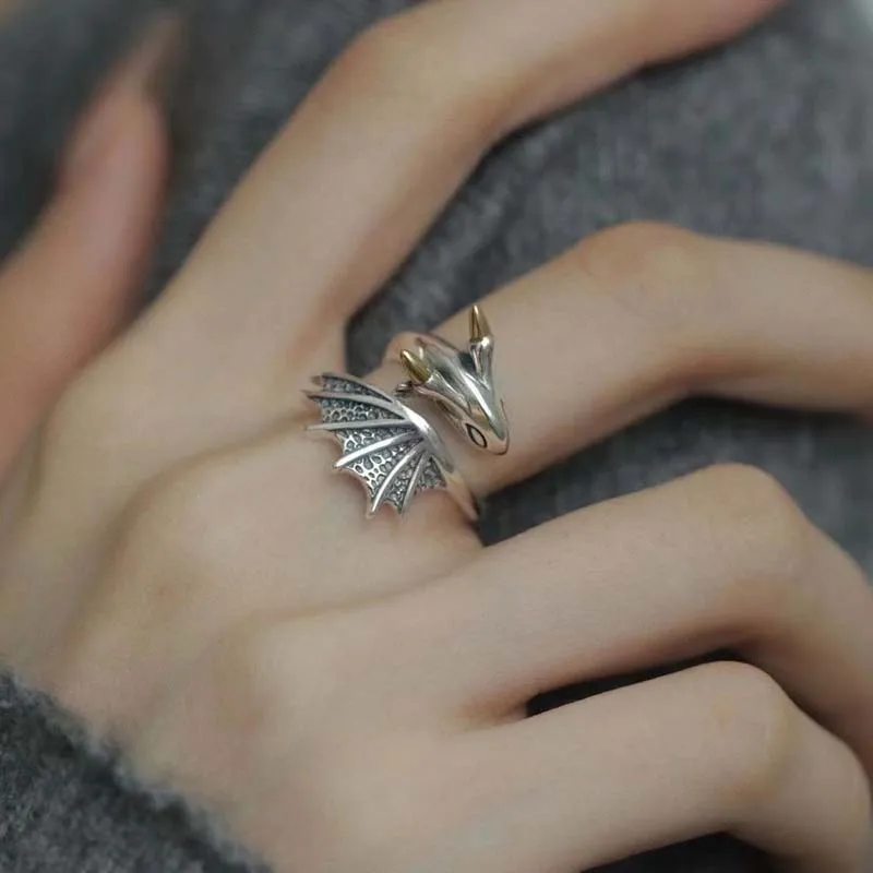 Flying Dragon Ring Retro Silver Adjustable Couple Jewellery_voghion.com